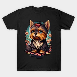 Super Cute Yorkshire Terrier Puppy Portrait Japanese style T-Shirt